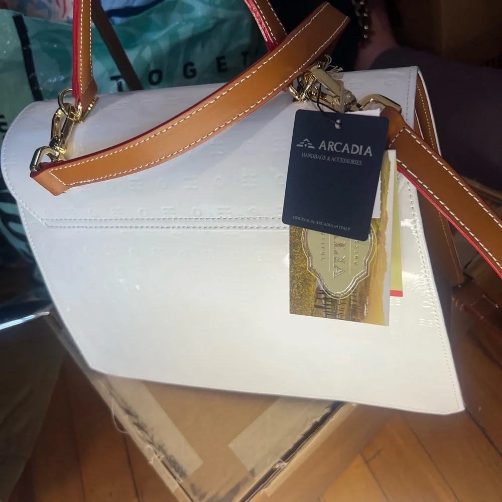 Arcadia Italian patent leather satchel bag white NWT retail $498 - Picture 9 of 16